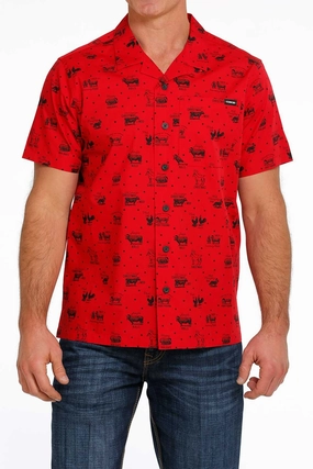 Cinch Men??s Jingle Bulls Camp Shirt-Red Comfort Wear Minimalist Style