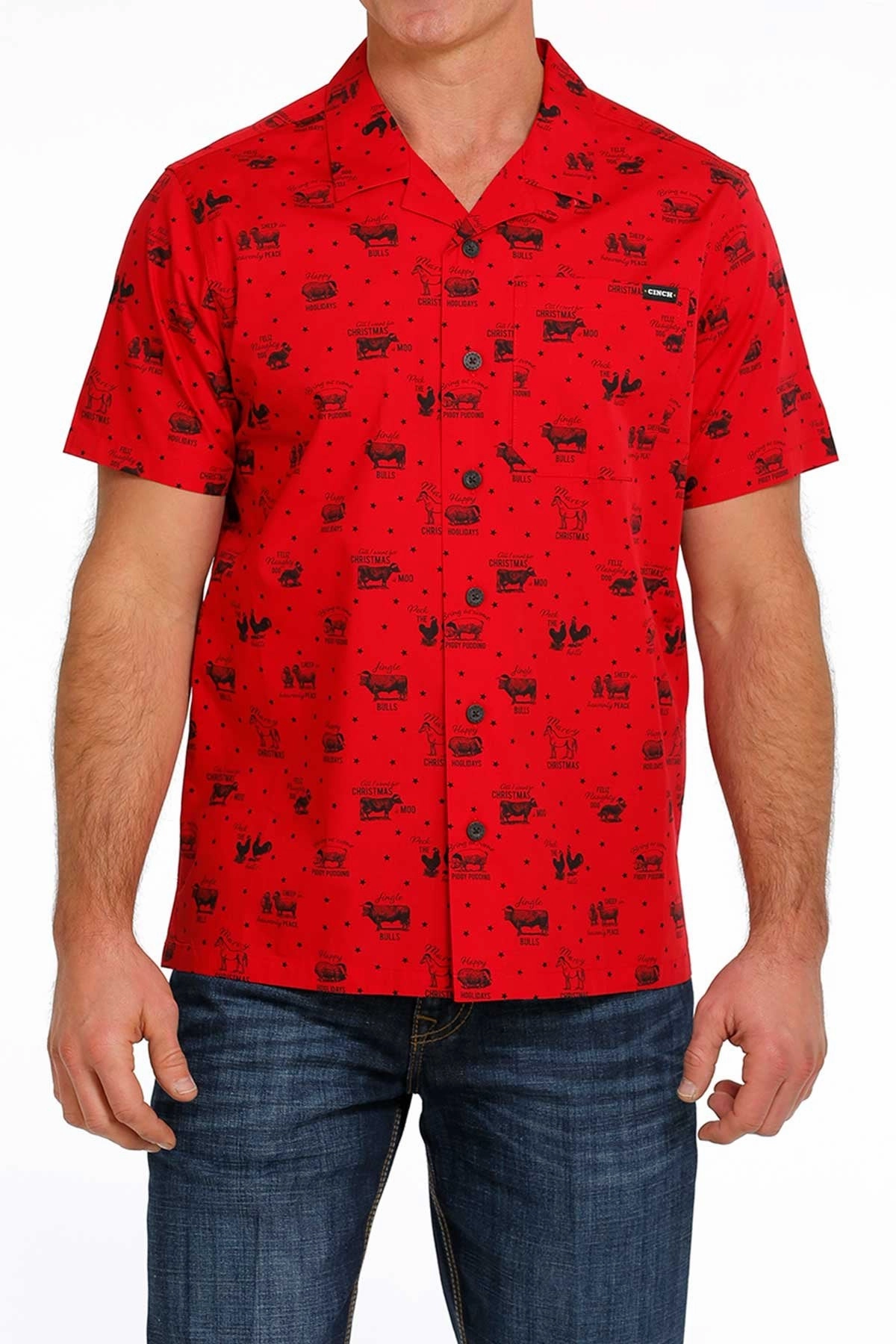 Cinch Men??s Jingle Bulls Camp Shirt-Red UV Protective Coating