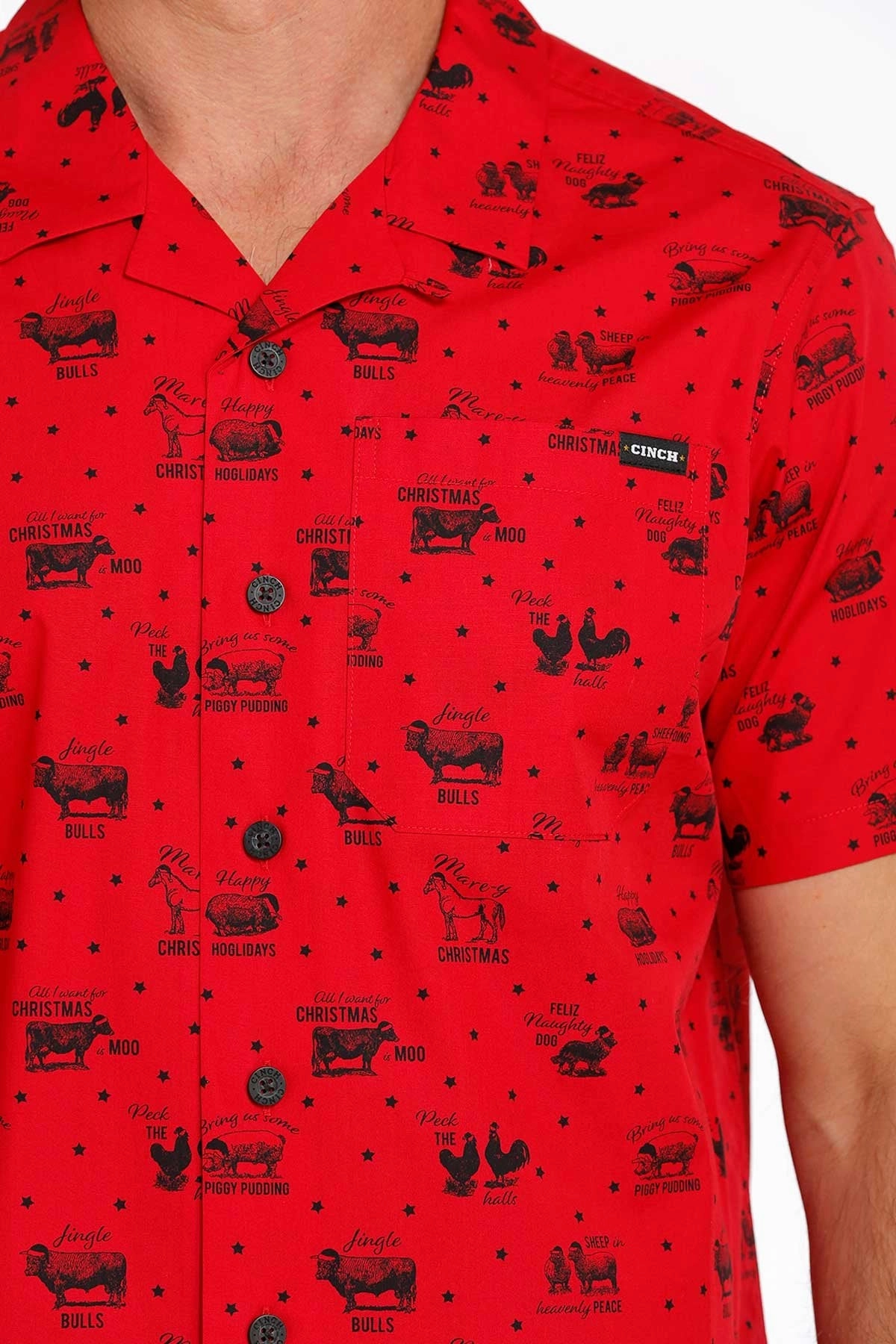 Cinch Men??s Jingle Bulls Camp Shirt-Red Seasonal Wear Comfort Stretch