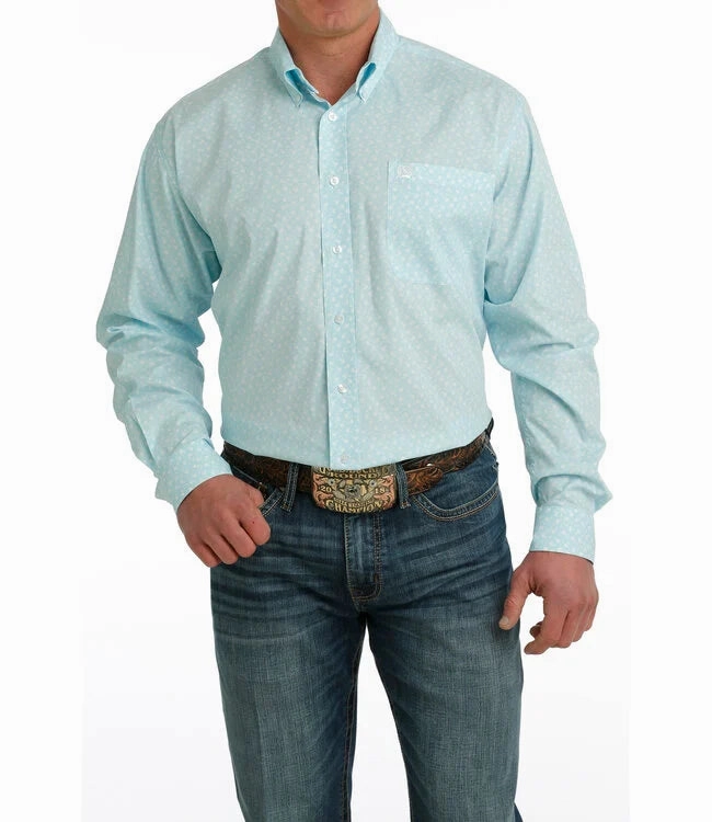 Soft Collar Design Cinch Men??s Light Blue Geo Print Shirt