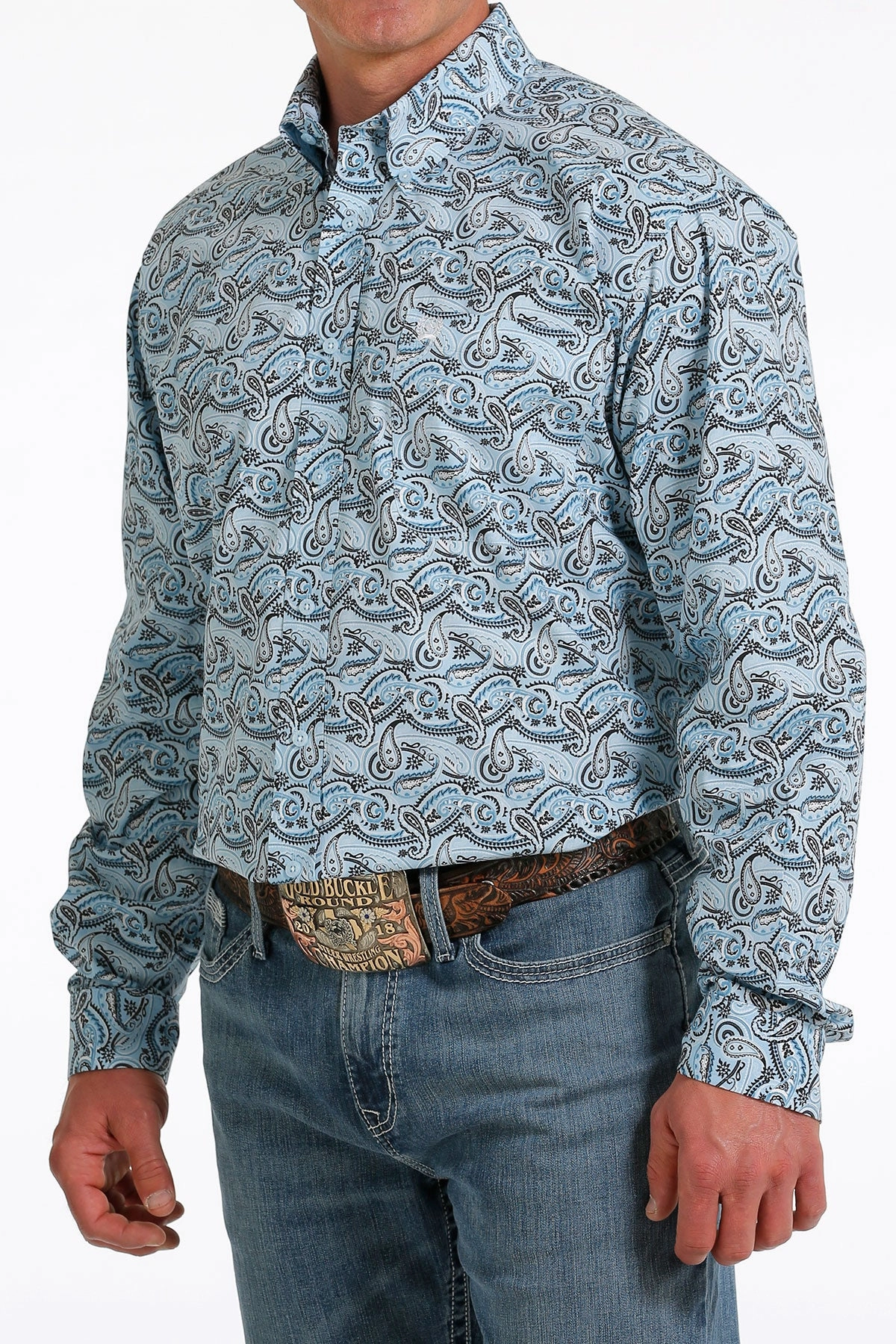Versatile Fit Functional Fashion Cinch Men??s Light Blue Paisley Print Shirt