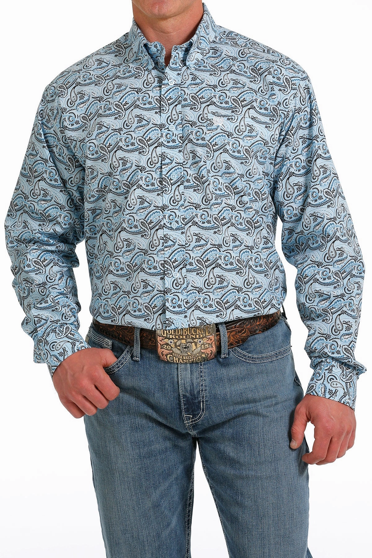 Temperature Regulating Effortless Comfort Cinch Men??s Light Blue Paisley Print Shirt