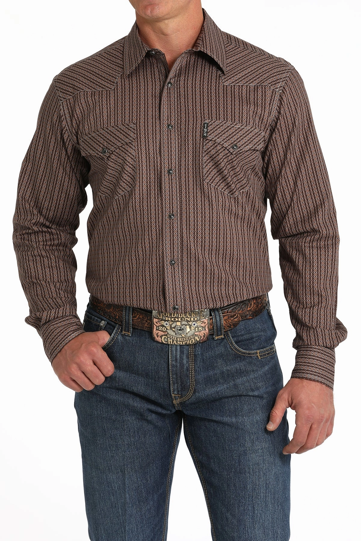 Cinch Men??s Modern Fit Brown Print Shirt Reinforced Side Vents Premium Pima Cotton
