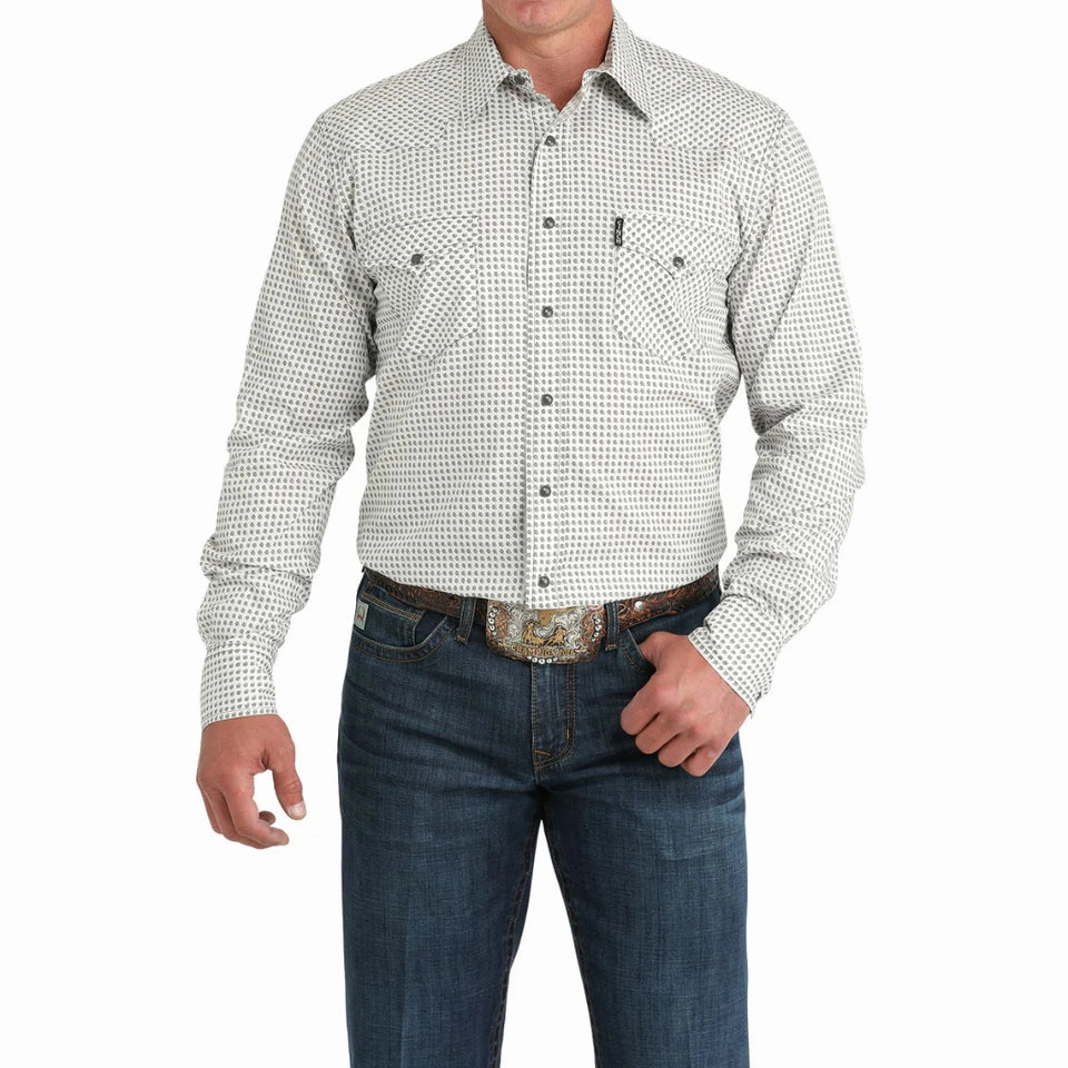 Mature Elegance Fade Resistant Formula Cinch Men's Modern Fit Cream Geo Print Shirt