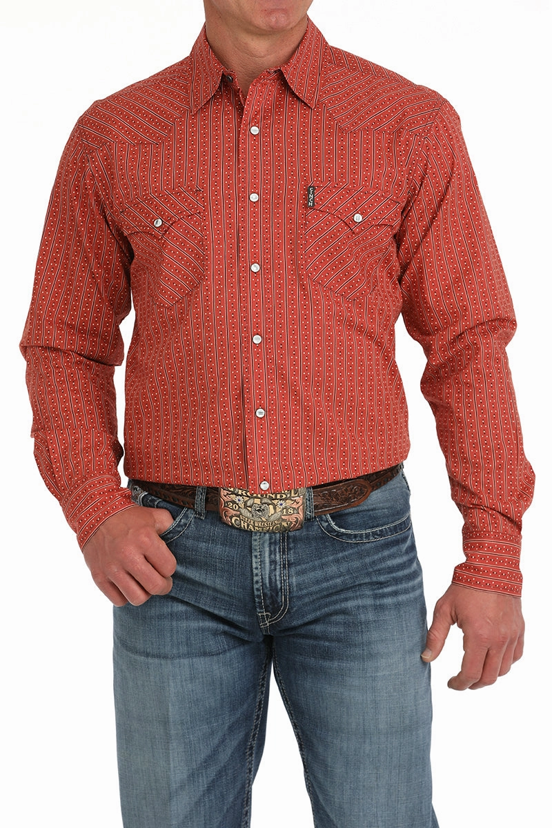 Cinch Men's Modern Fit Red Striped Shirt Mountain Retreat Mountain Escape