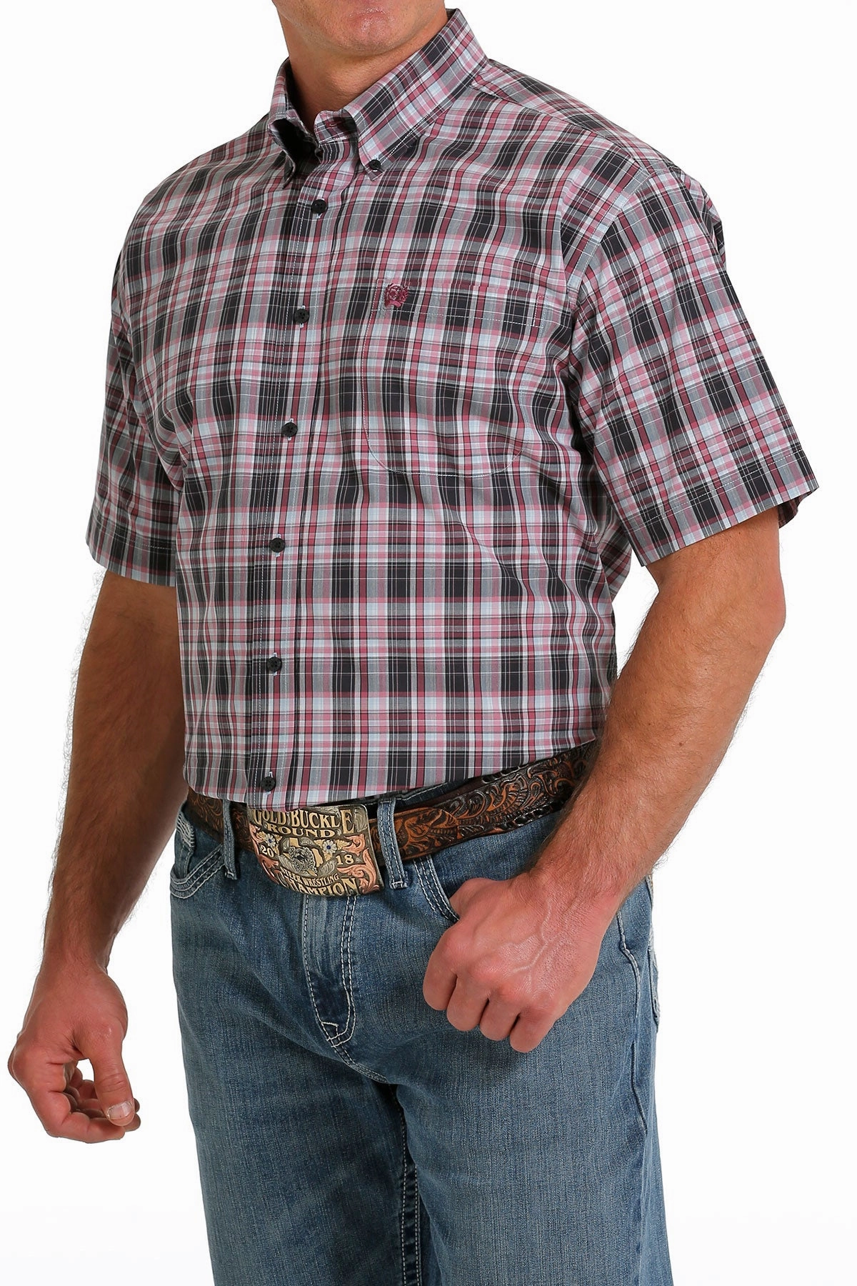 Cinch Men??s Navy & Burgundy Plaid Shirt Bold Pattern