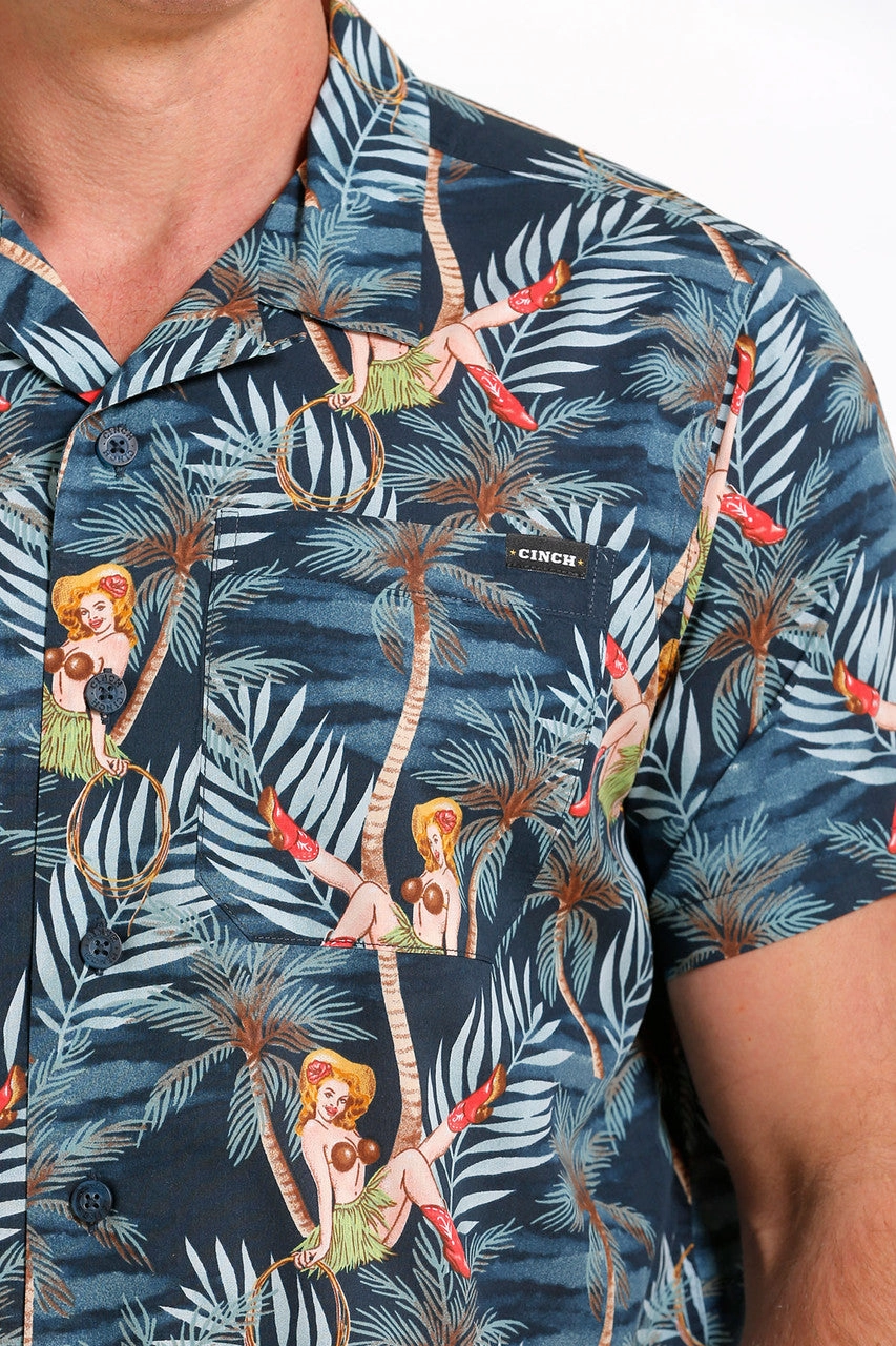 Versatile Piece Chic Comfort Cinch Men's Navy Tropical Pin-Up Aloha Camp Shirt