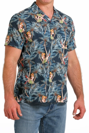 stain resistant coating Durable Buttons Cinch Men's Navy Tropical Pin-Up Aloha Camp Shirt