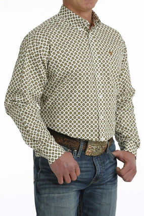 Cinch Men??s Olive Gold & White Geo Print Shirt Yoke Design