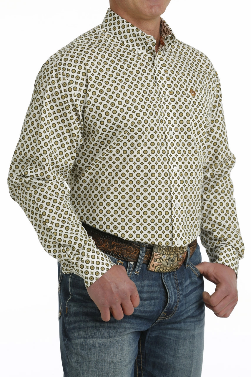 Cinch Men??s Olive Gold & White Geo Print Shirt Yoke Design