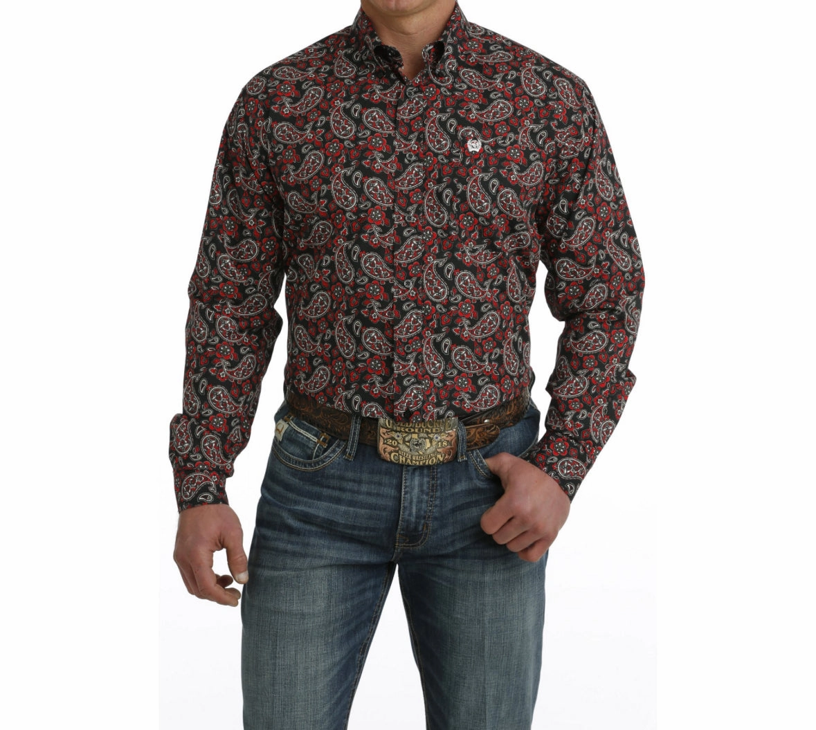 Cinch Men??s Red & Black Paisley Shirt Plaid Design tailored look