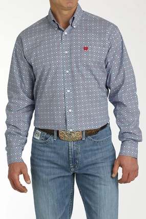 Cinch Men's White & Blue Geo Shirt High Street Fashion