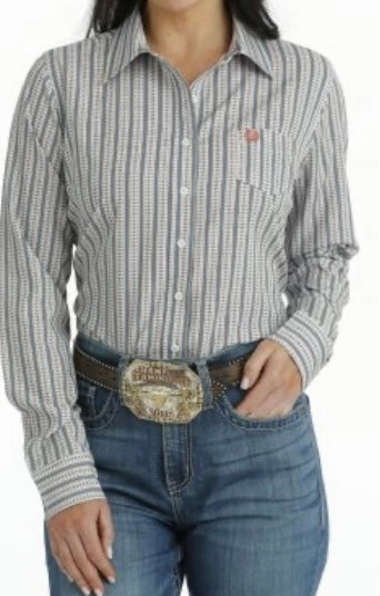 Office Look Cinch Women??s ArenaFlex White & Light Blue Shirt