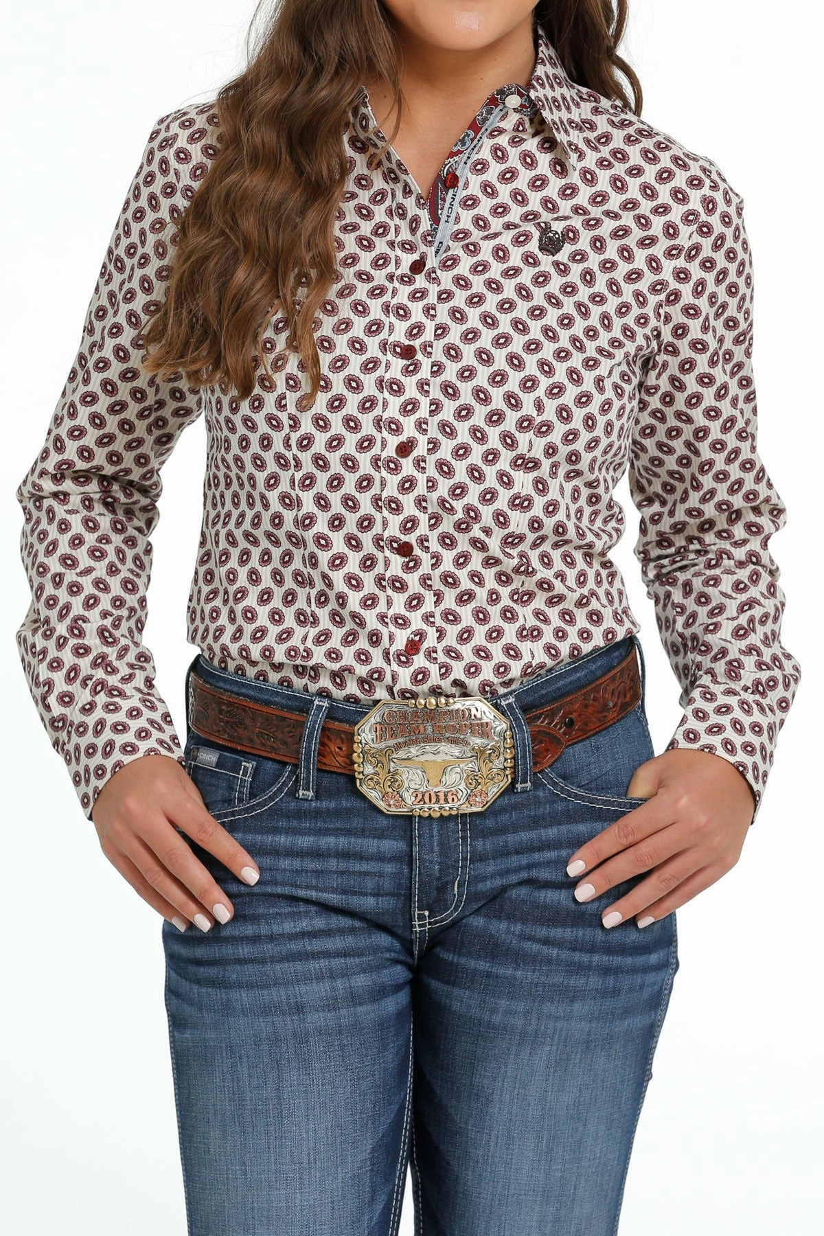 Cinch Women??s Cream & Burgundy Geo Print Shirt Stretch Woven Material