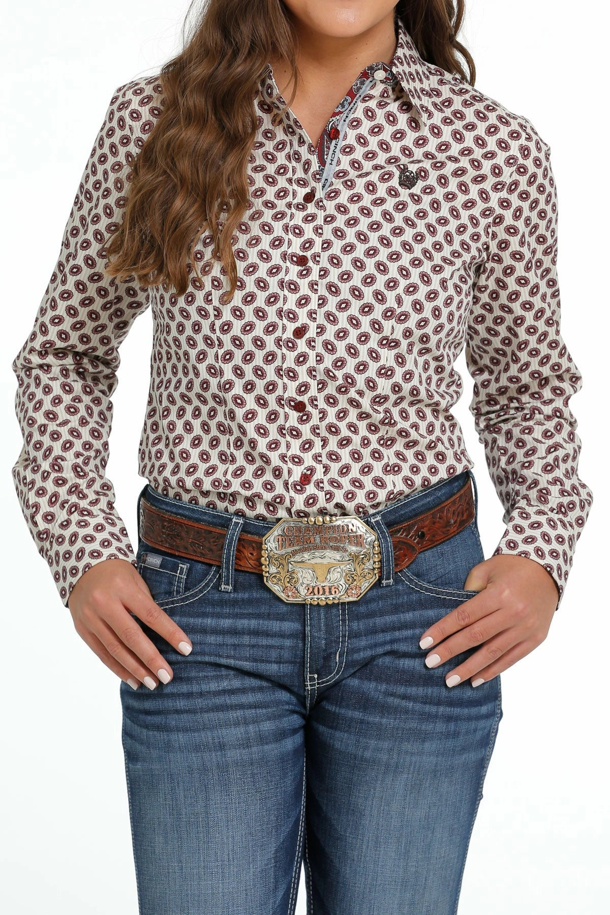 DropShoulder Thermal Insulation Core Cinch Women??s Cream & Burgundy Geo Print Shirt