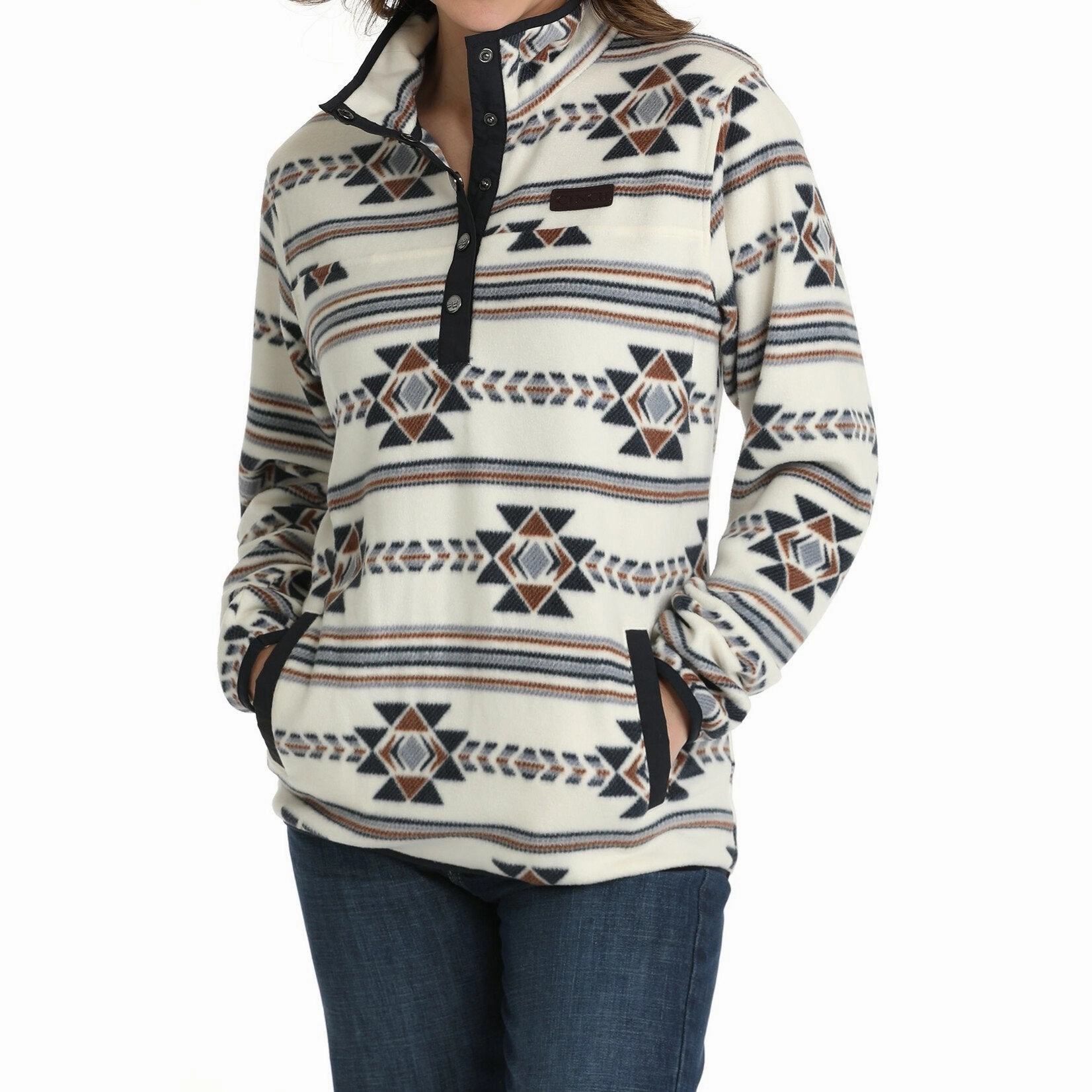 Neutral Fabric Tailored Waistband Cinch Women's Cream Aztec Fleece Jacket Flexible Comfort