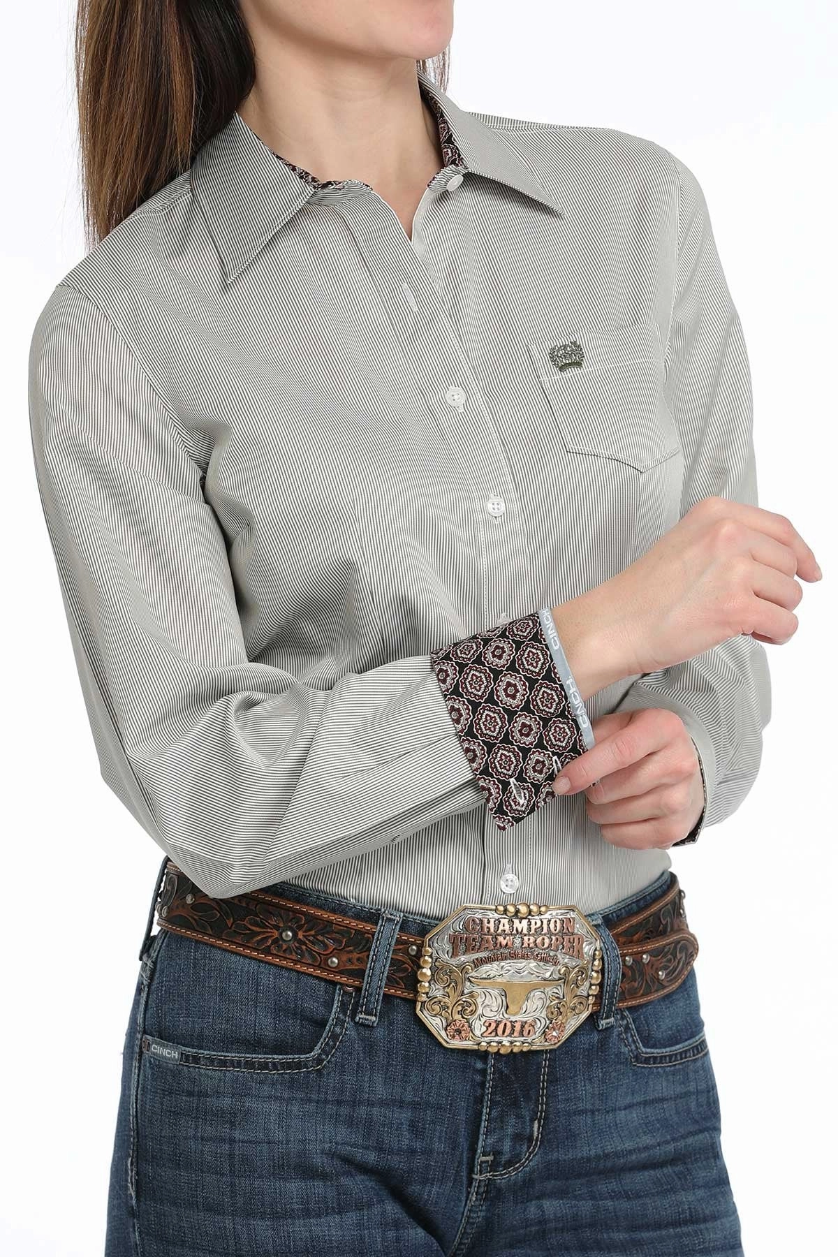Cinch Women??s Olive & White Stripe Shirt Elasticated Trim MultiPocket Design