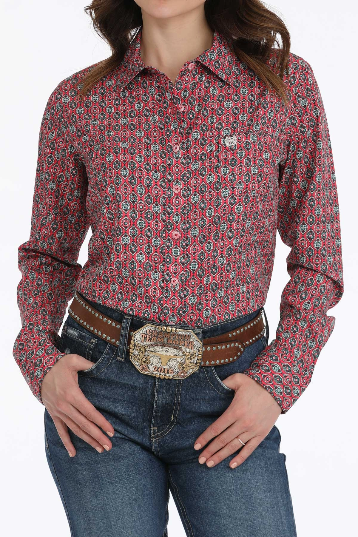 Cinch Women's Pink Geo Print Arenaflex Shirt Loose Blouse Wrinkle Resistant Textile