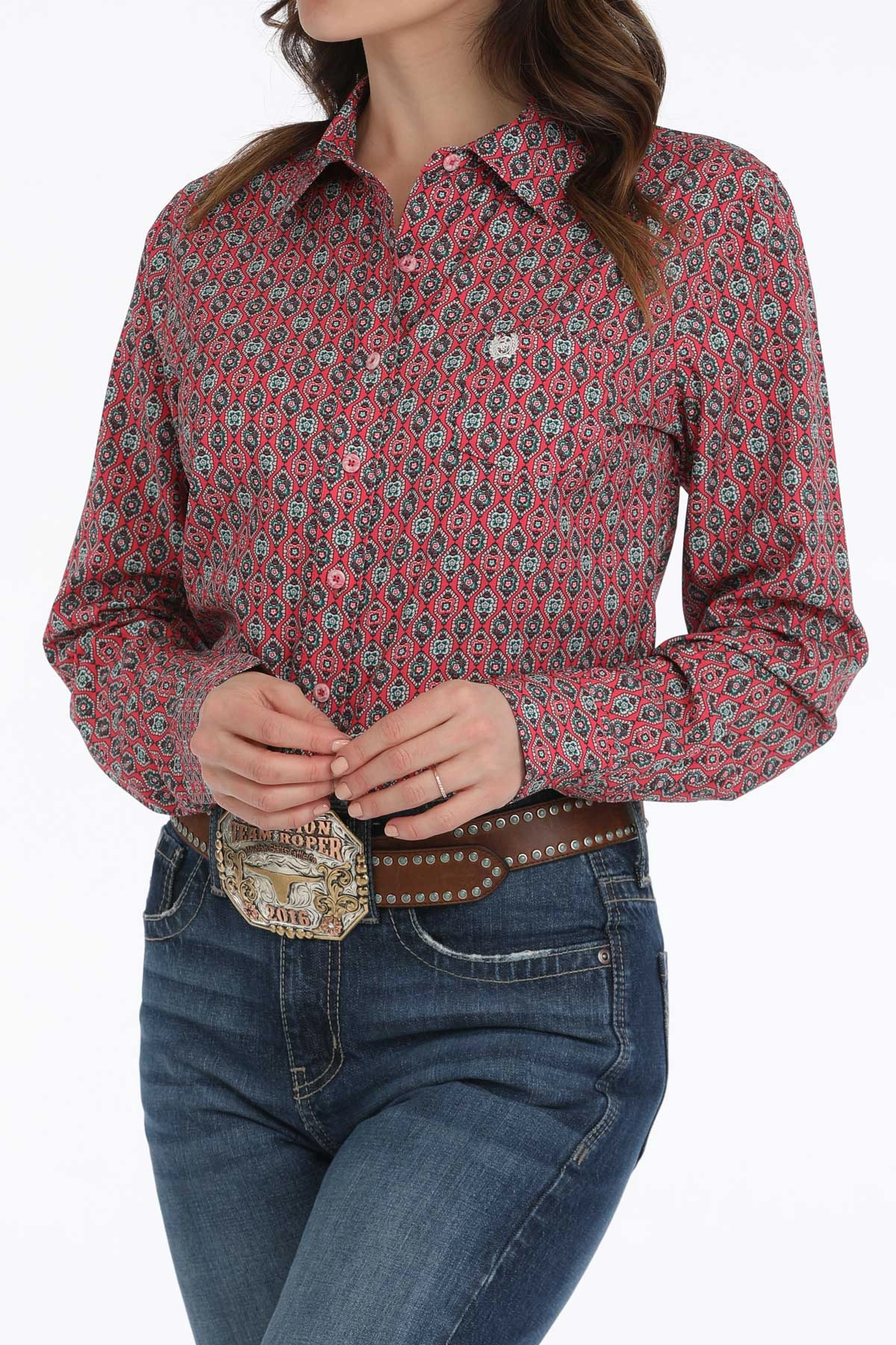 Cinch Women's Pink Geo Print Arenaflex Shirt Light Deflection Fabric Airflow Mesh Panel