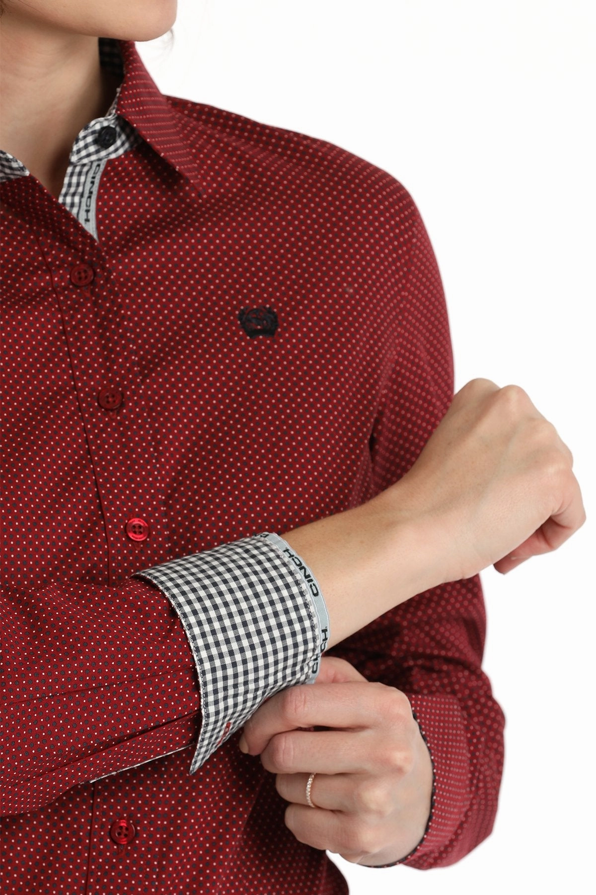 Cinch Women's Red Polka Dot Print Shirt Stretch Waistband Design