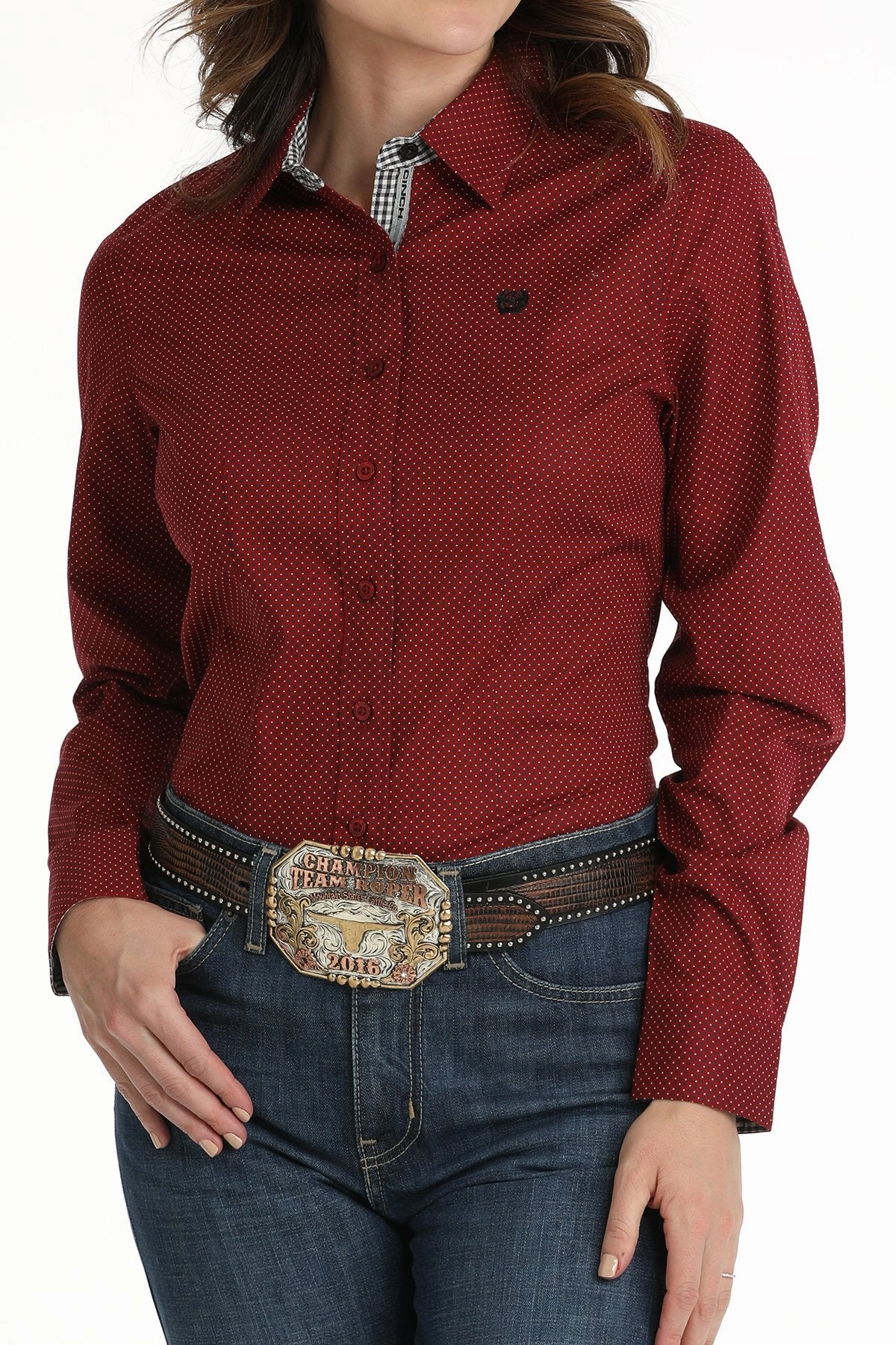 Cinch Women's Red Polka Dot Print Shirt LayeredDurability