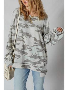Reinforced Elbows Retro Camouflage Print Exposed Seam Patchwork Sweatshirt