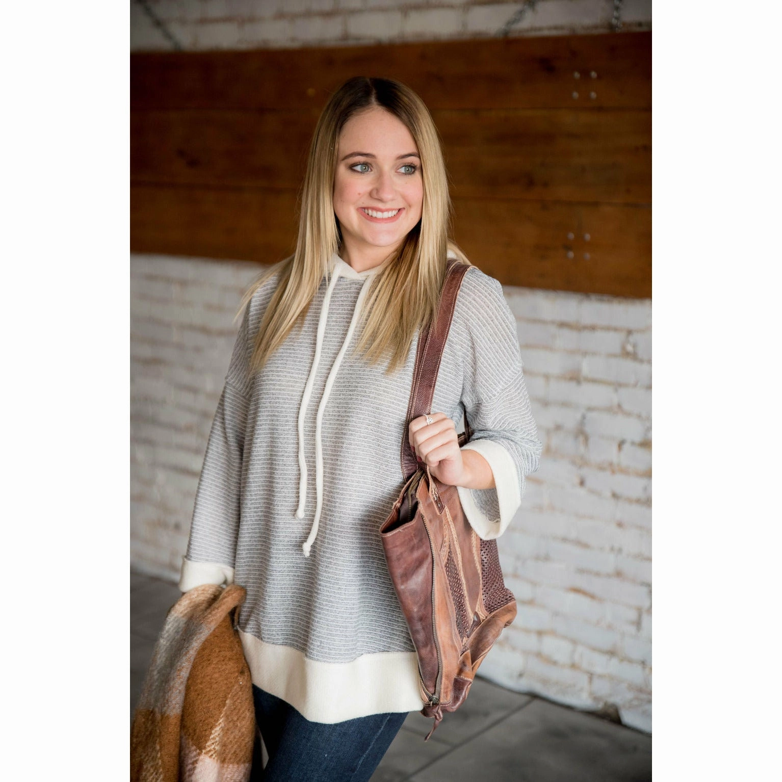 Ivory Trimmed Striped Hoodie Cozy Wear