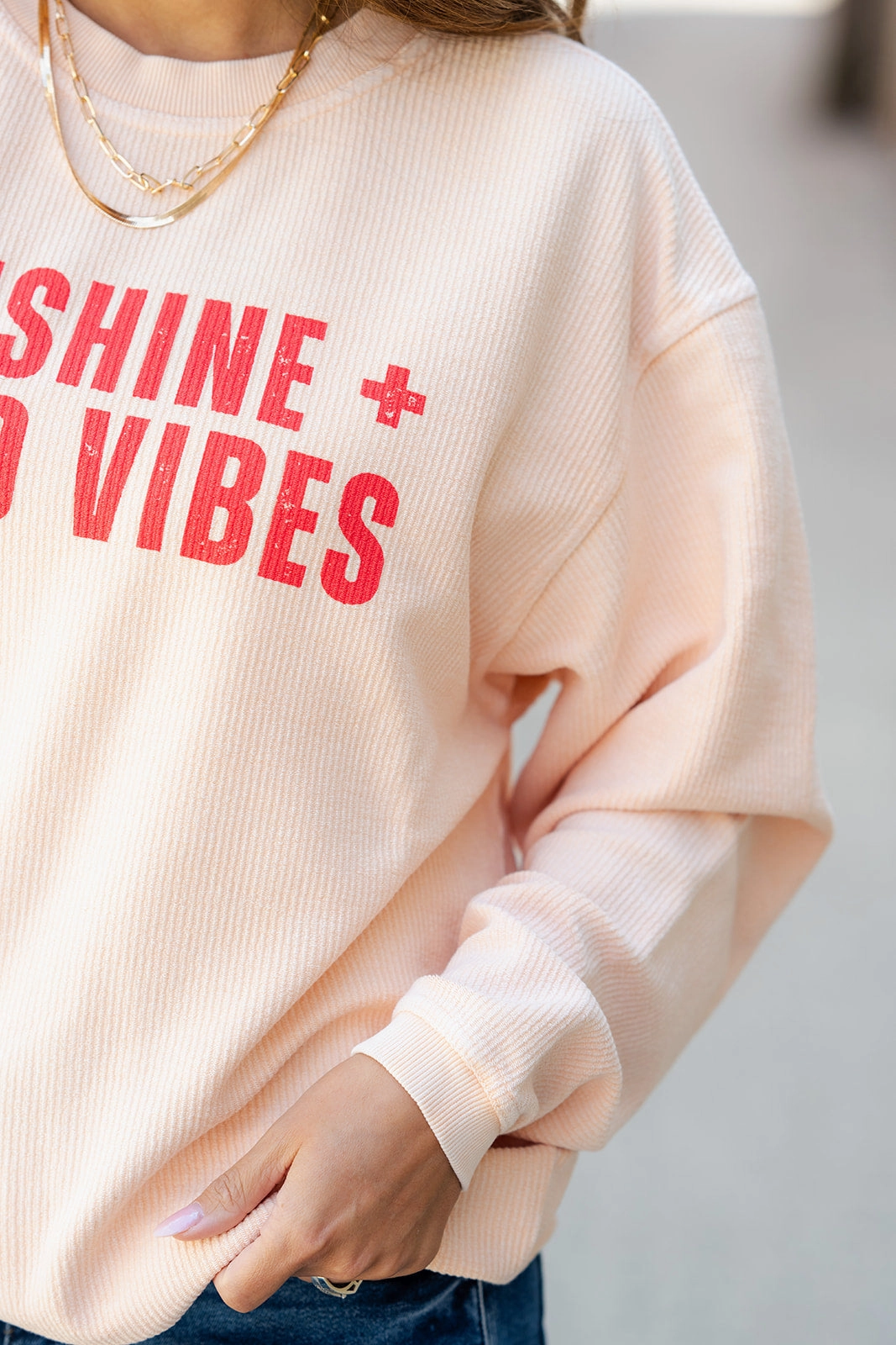 Dark Shade Layer Relaxed Sunshine & Good Vibes Ribbed Graphic Crewneck