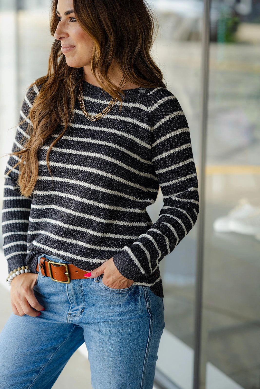 Cozy Knit Striped Sweater Anti Snag Threadwork