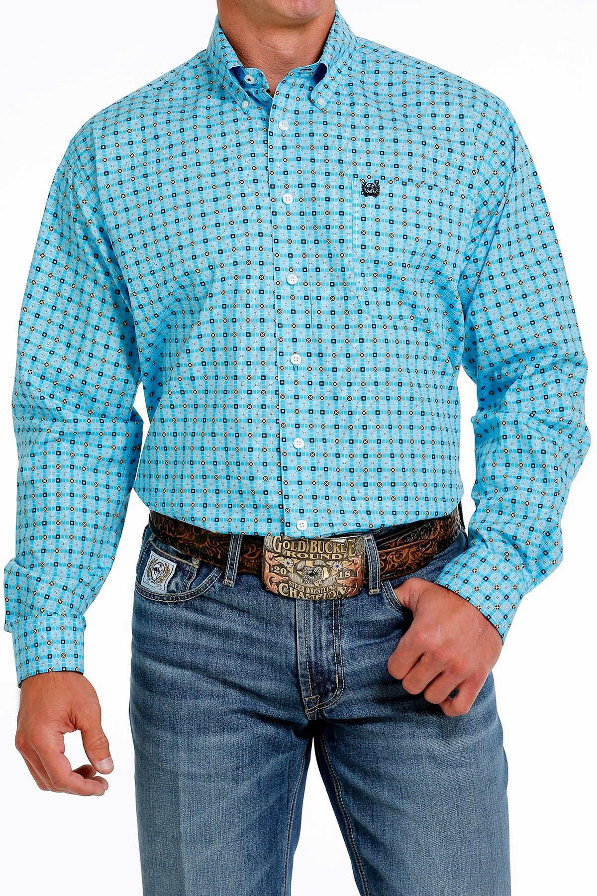 checkered pattern Matte Look Clinch Men??s Turquoise Geo Print Shirt