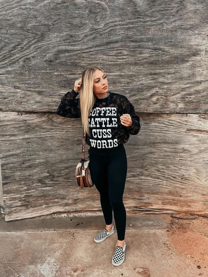 Zippered Pockets Performance Fit Distressed Coffee, Cattle, & Cuss Words Sweatshirt