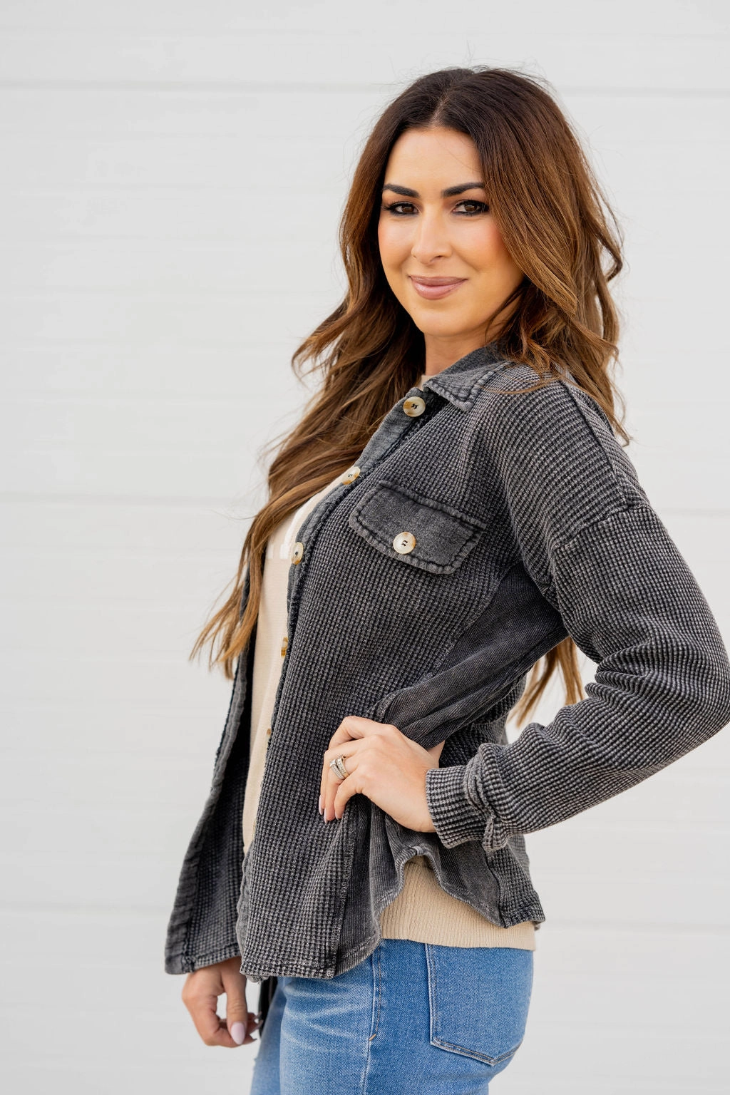 Waffled Solid Side Panel Shacket Layered Cuff System