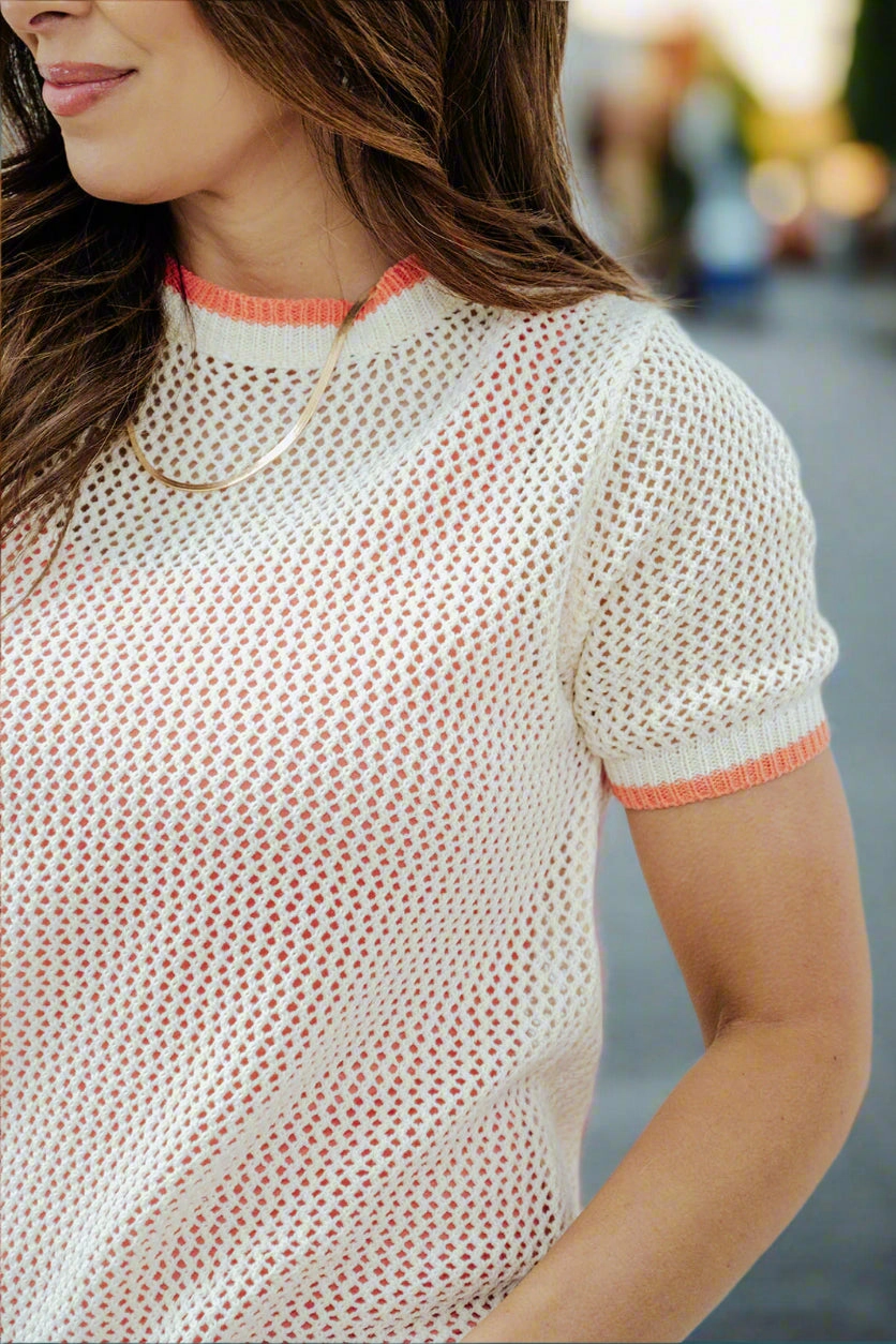 Slim Stretch Lattice Stitch Pattern Color Trimmed Open Knit Tee