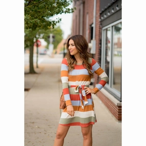 Colorful Stripe Dress Office Smart Elegant Layering