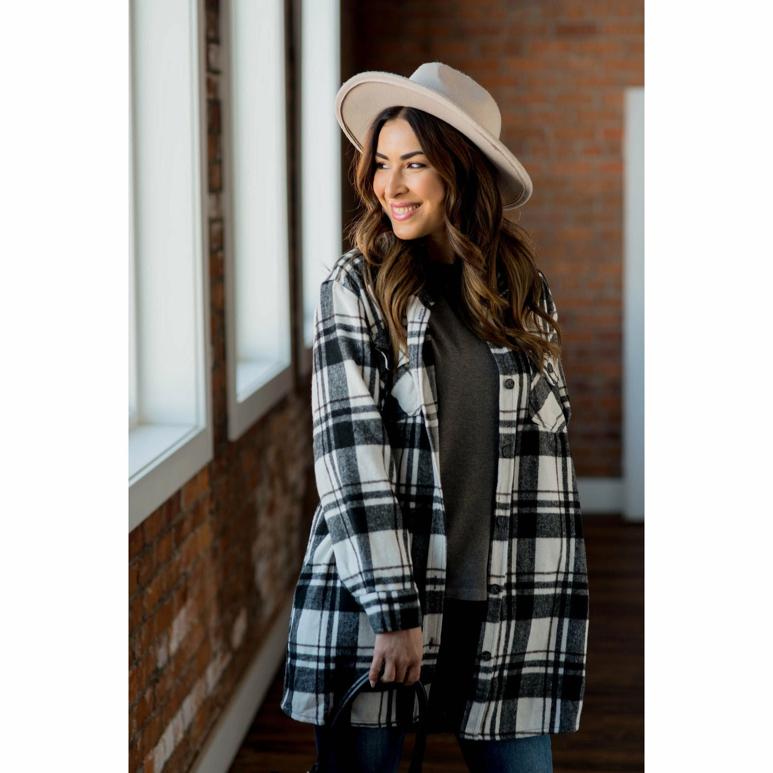 Microfiber Shell Rugged Style Black and White Plaid Tunic Shacket