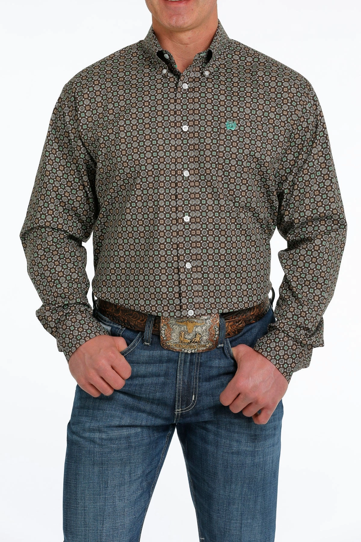 Cinch Men??s Brown/Green/ White Geo Print Shirt No Bulk Layering System Cooling Core Technology