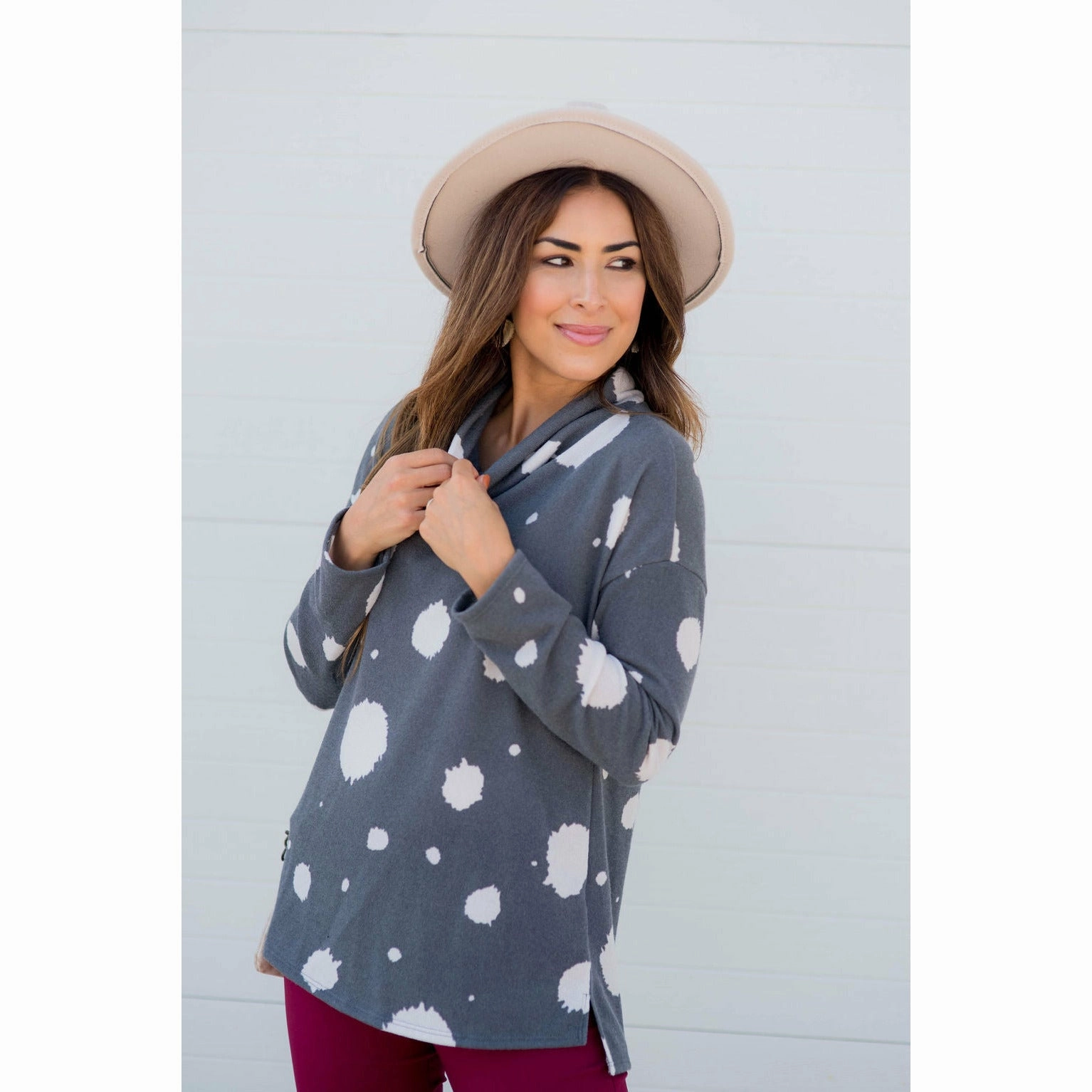 Brushed Dot Cowl Neck Sweatshirt Festival Outfit