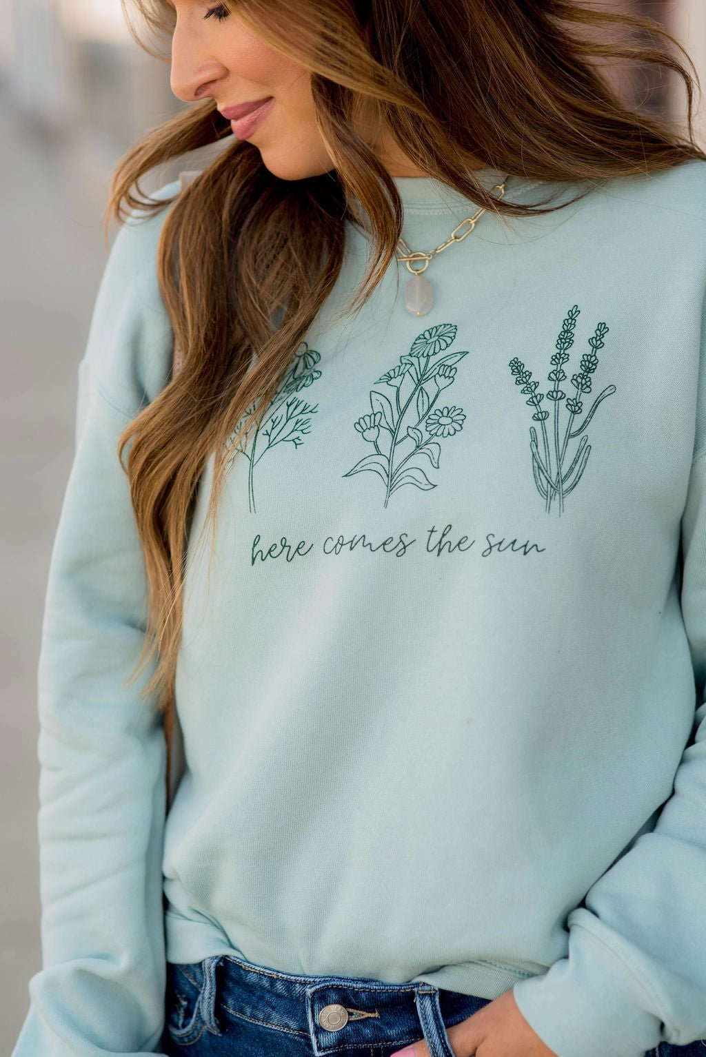 Here Comes The Sun Floral Graphic Crewneck gemstone accents Minimalist Wear