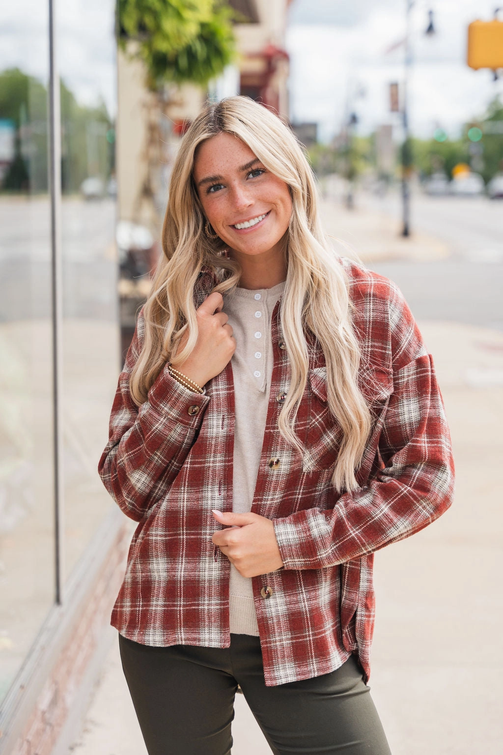 Plaid Sweatshirt Lined Shacket Evening Out