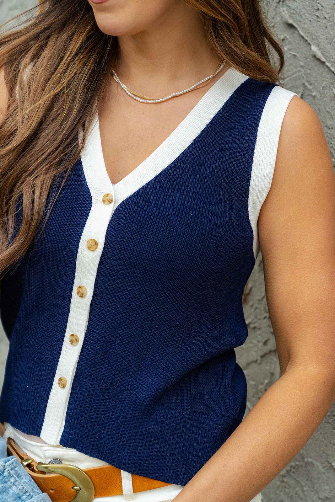 Contrasting Trim Button Knit Tank Cozy Layers