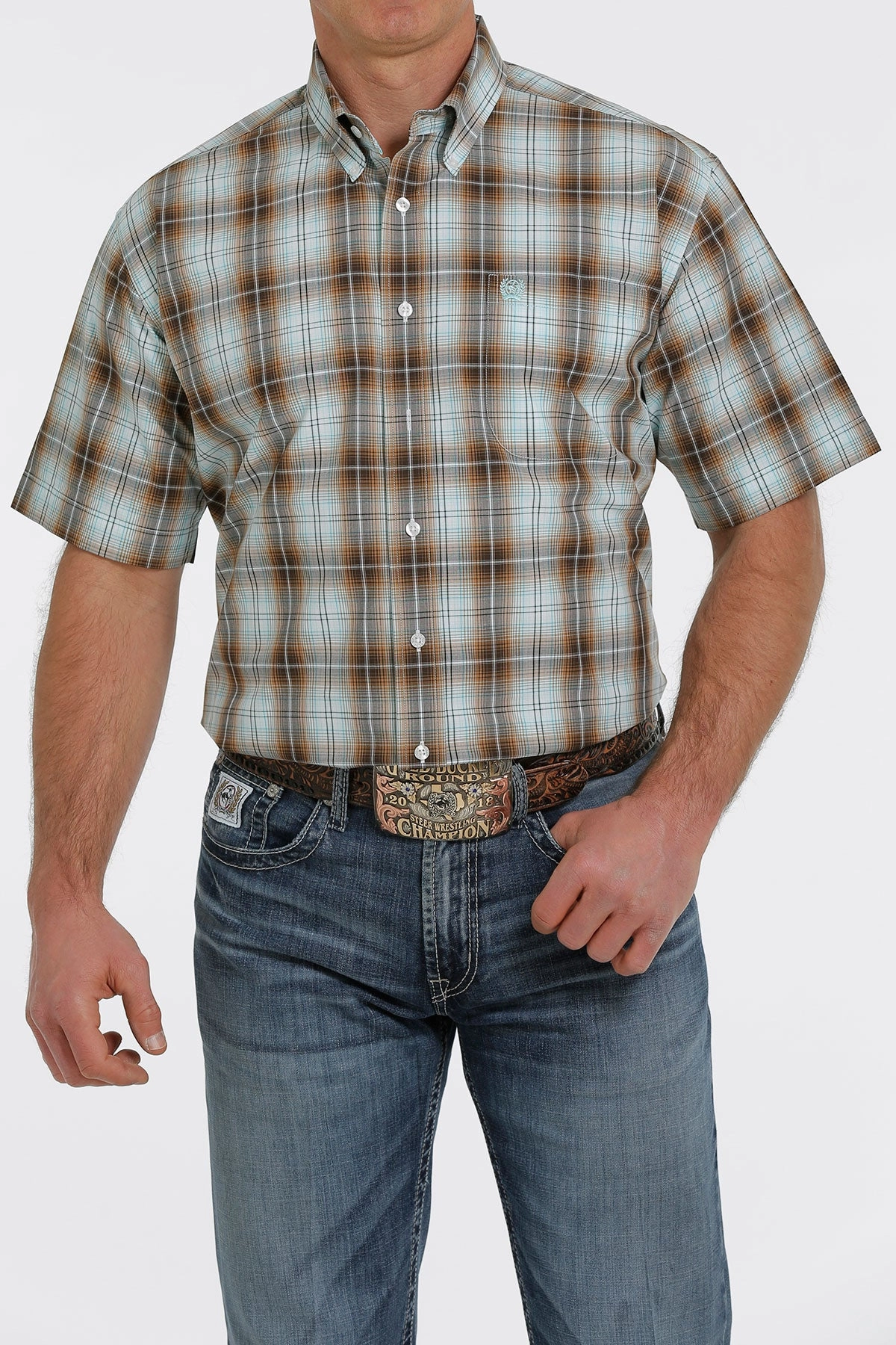 Cinch Men??s Brown & Turquoise Plaid Shirt Casual Sophistication Soft Texture