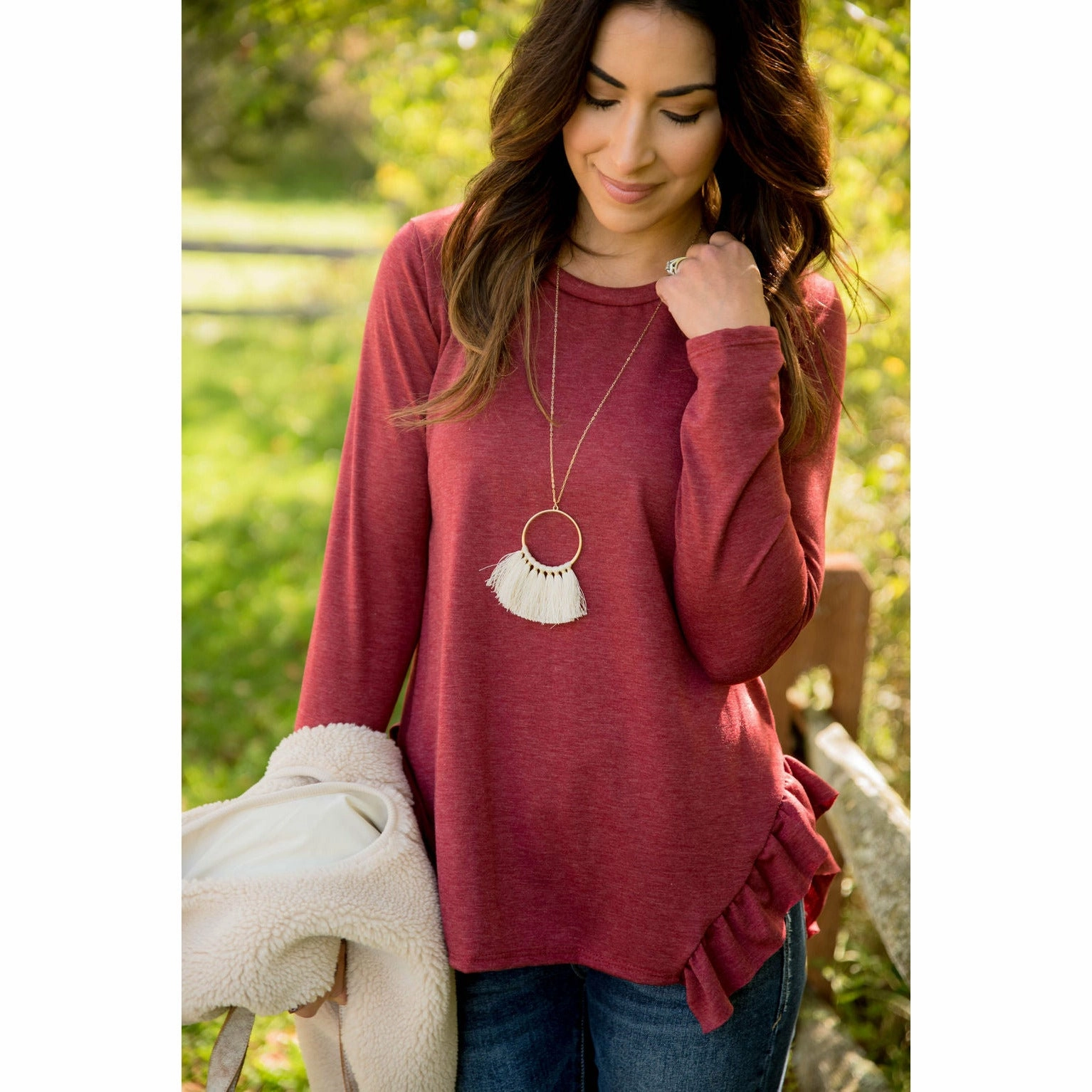 Ruffle V Slit Sweatshirt goes with skirts