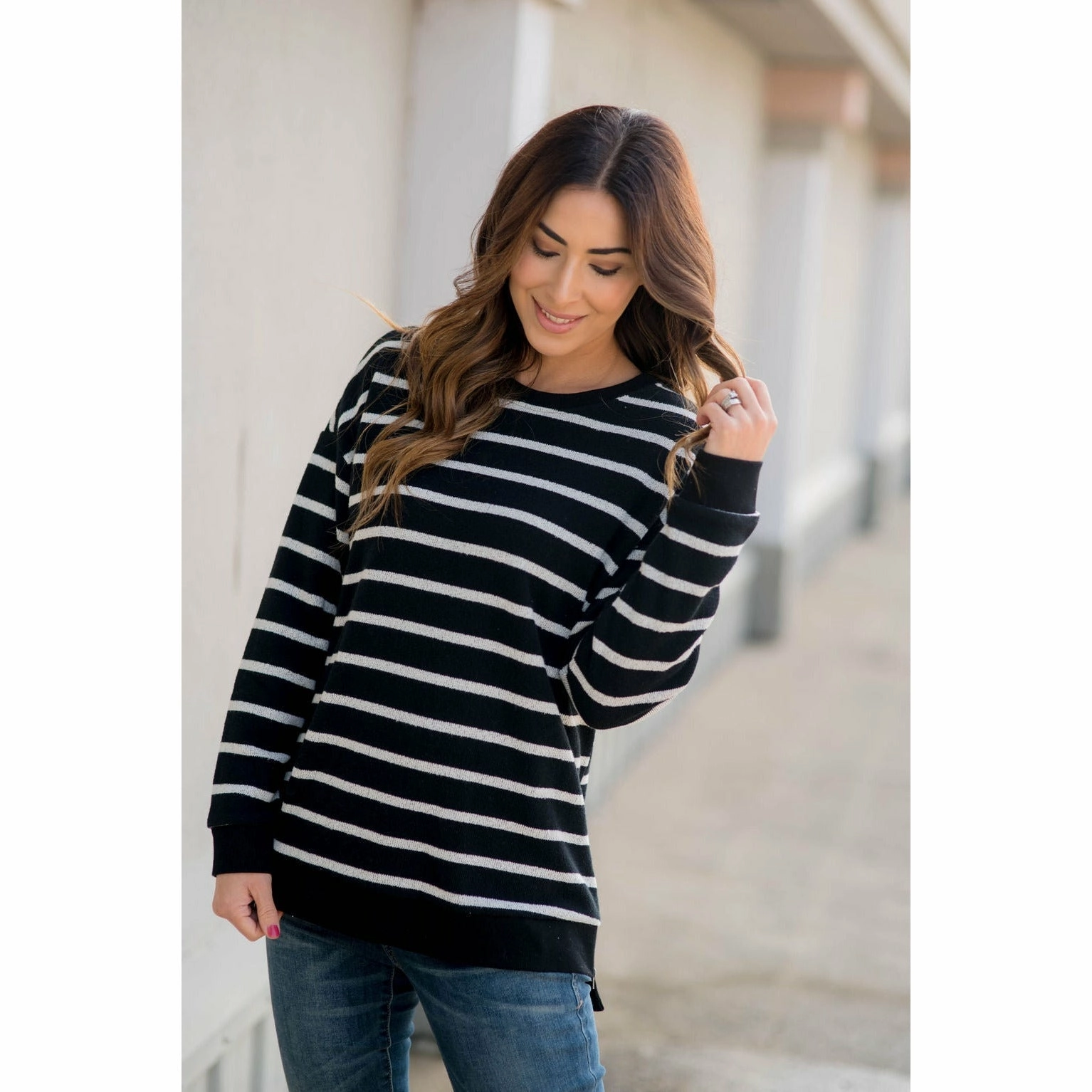 product festival wear fun Sassy Side Zipper Striped Sweatshirt