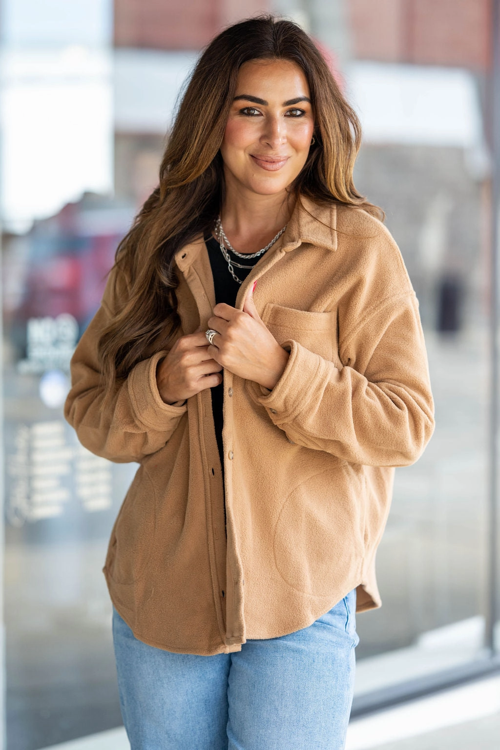 Cozy Plush Shacket Light Reflective Logos Hidden Pocket System