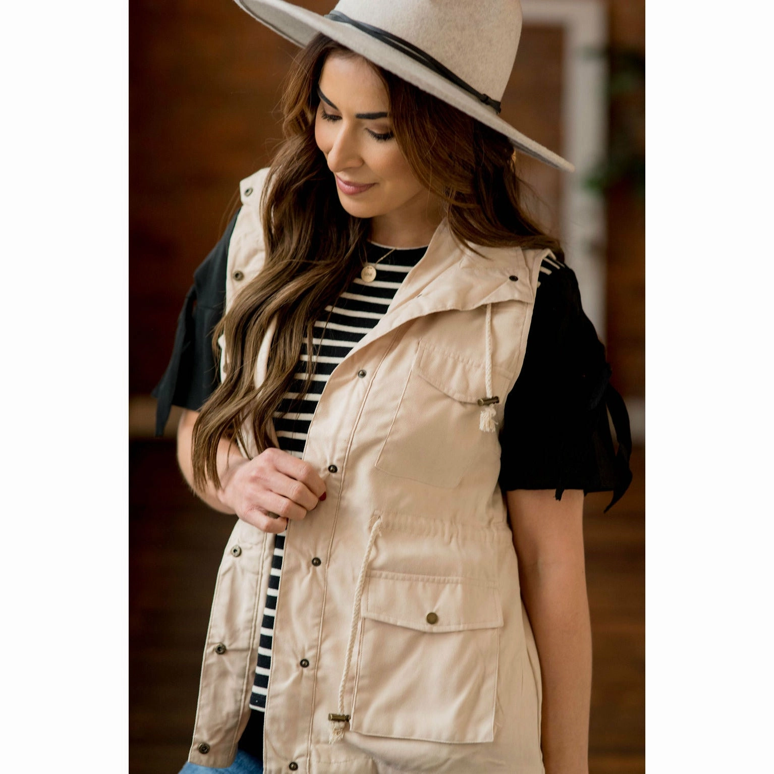 Cream Utility Vest Weatherproof Zipper Tech Stretch Paneling