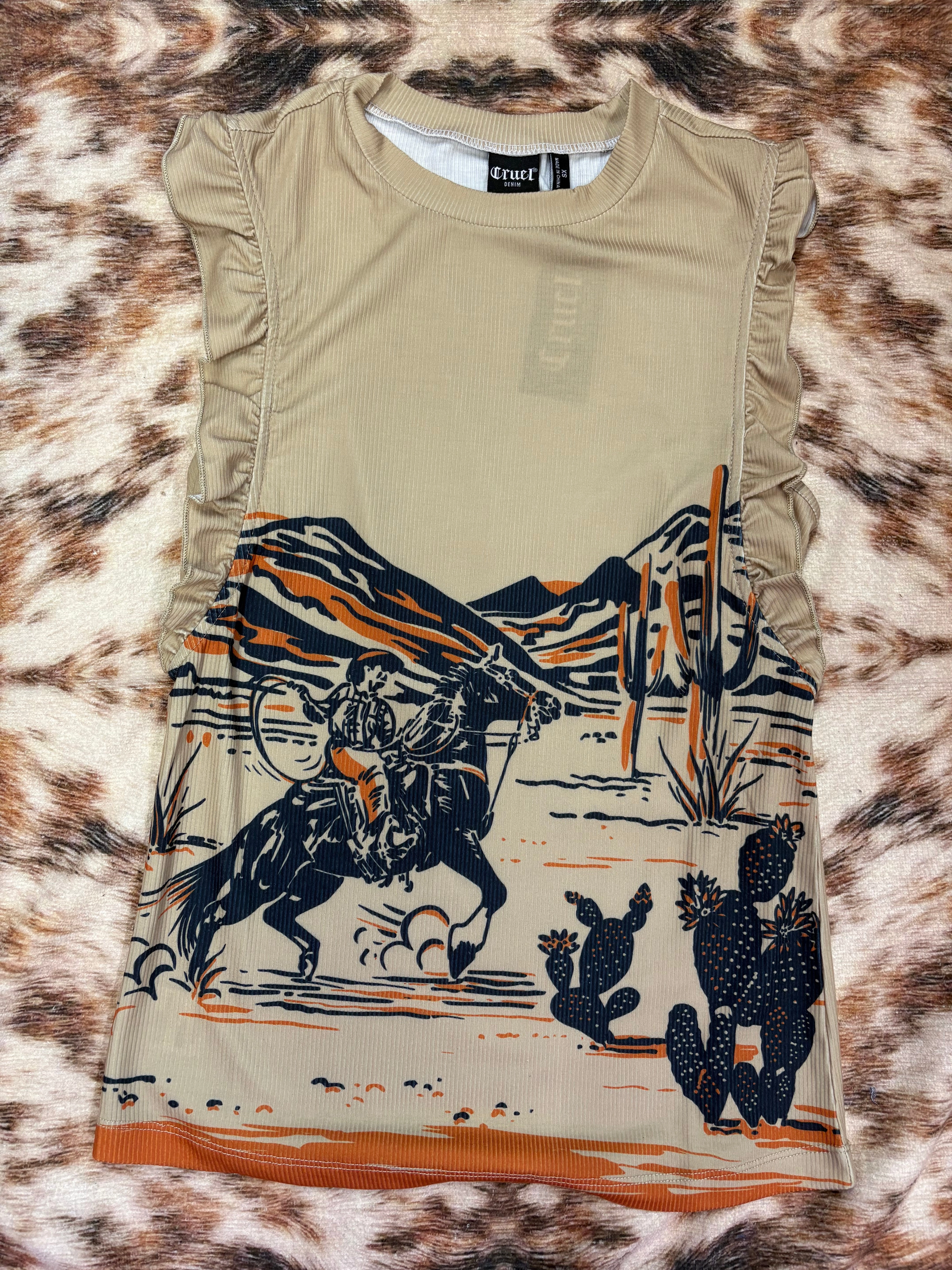 synthetic materials Cruel Rib Knit Ruffle Sleeve Tank with Western Print