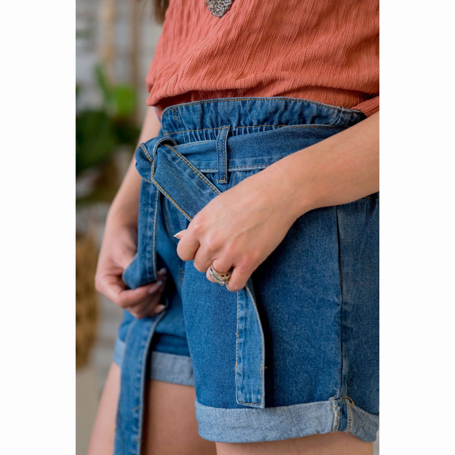 Denim Tie Top Paper Bag Shorts Chic Wear Bold Look Professional Wear
