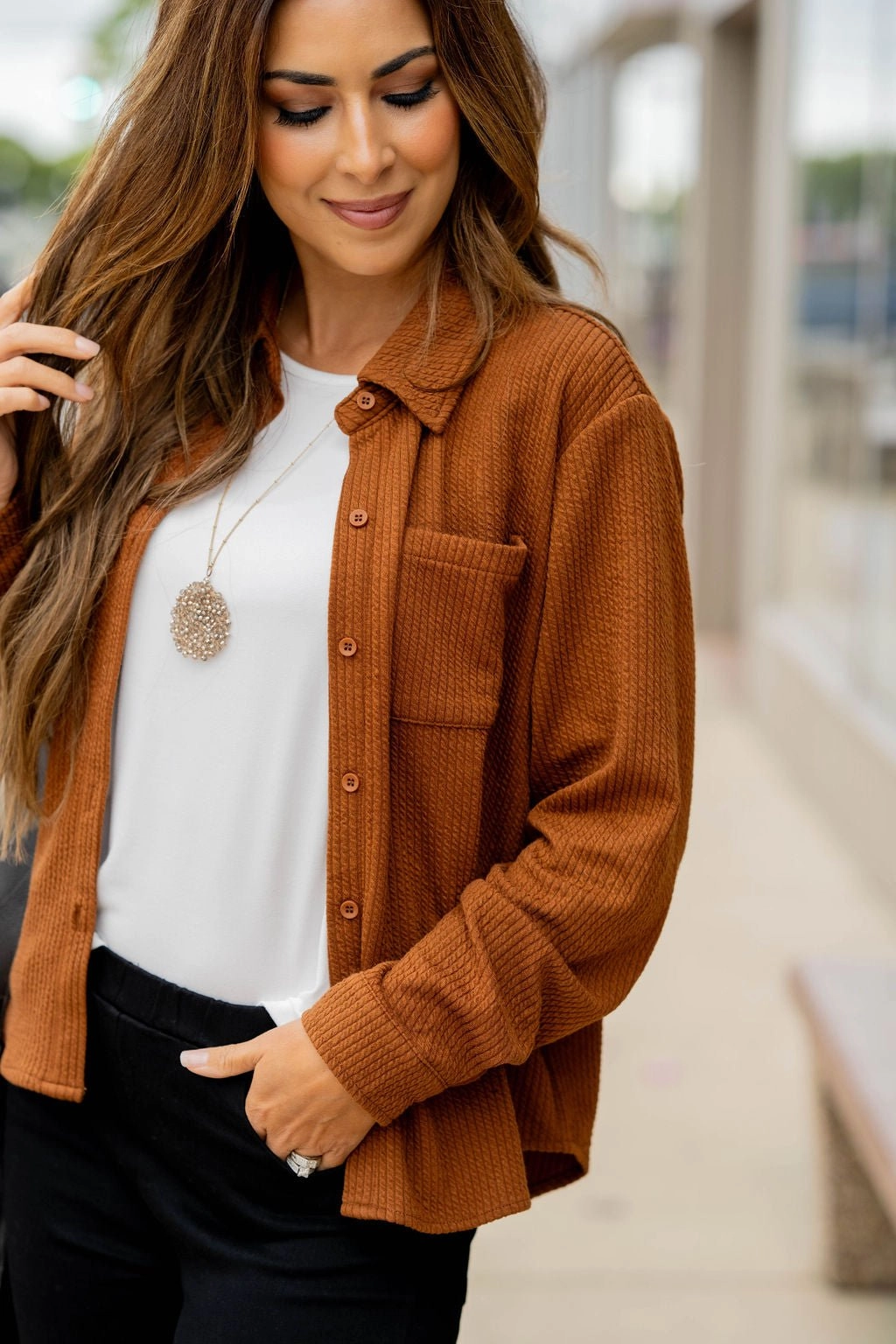 Braided Single Pocket Shacket Reinforced Shoulder Panels Extended Coverage