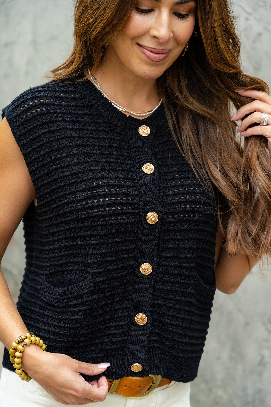Detailed Button Open Weave Knit Tank Odor Resistant