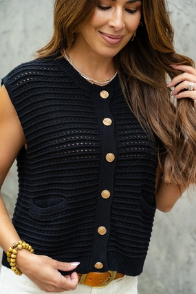 Detailed Button Open Weave Knit Tank Odor Resistant